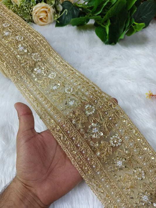 Deeps Creation New Cutdana Maggam Work Lace Parl with Cutdana – Premium Quality, Intricate Embellishments for Sarees, Lehengas, Bridal Couture, and Luxury Home Decor - Gold