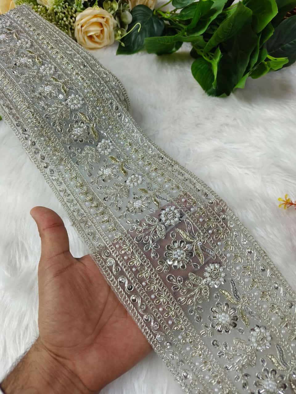 Deeps Creation New Cutdana Maggam Work Lace Parl with Cutdana – Premium Quality, Intricate Embellishments for Sarees, Lehengas, Bridal Couture, and Luxury Home Decor - Silver