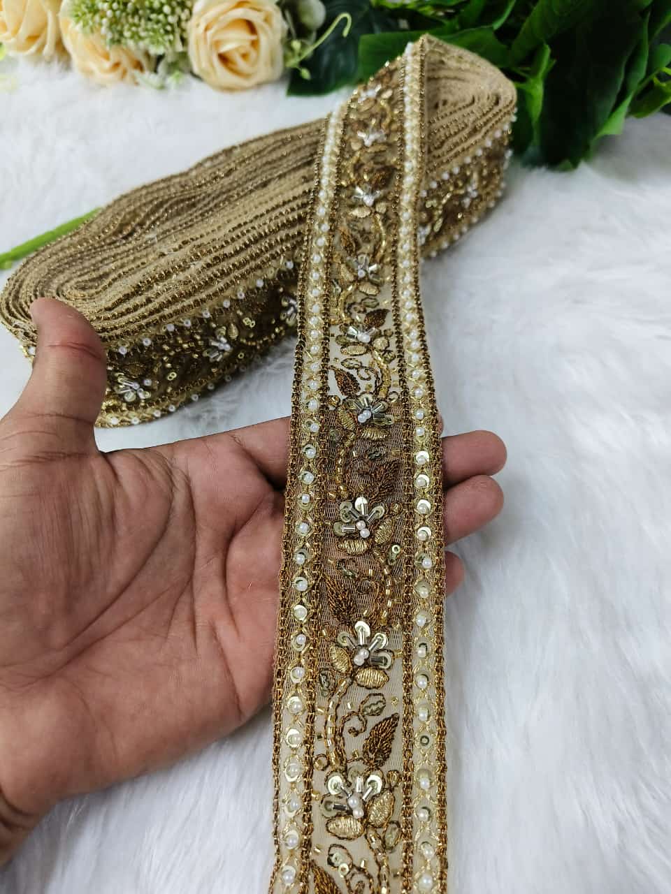 New Cutdana Maggam Work Lace Parl with Cutdana – Premium Quality, Intricate Embellishments for Sarees, Lehengas, Bridal Couture, and Luxury Home Decor - Antique Gold