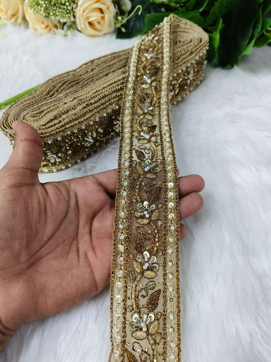 New Cutdana Maggam Work Lace Parl with Cutdana – Premium Quality, Intricate Embellishments for Sarees, Lehengas, Bridal Couture, and Luxury Home Decor - Antique Gold