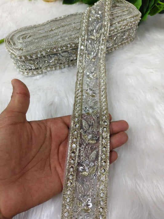 New Cutdana Maggam Work Lace Parl with Cutdana – Premium Quality, Intricate Embellishments for Sarees, Lehengas, Bridal Couture, and Luxury Home Decor - Silver