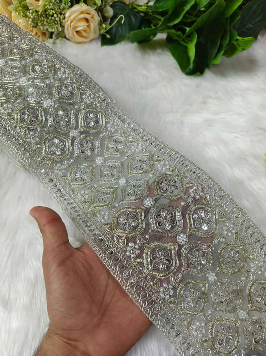 New Cutdana Maggam Work Lace Parl with Cutdana – Premium Quality, Intricate Embellishments for Sarees, Lehengas, Bridal Couture, and Luxury Home Decor - Silver
