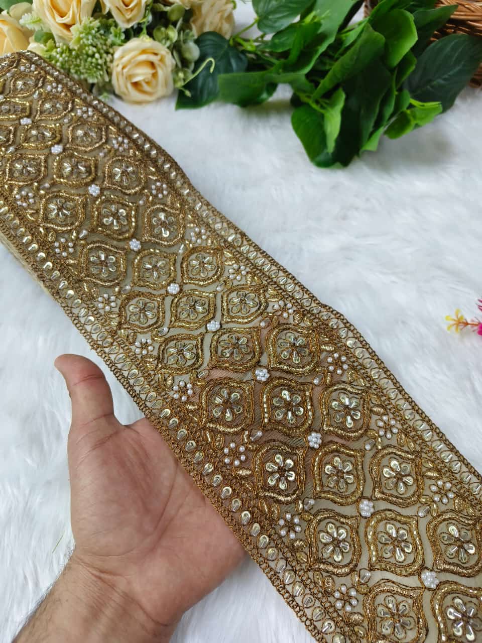 New Cutdana Maggam Work Lace Parl with Cutdana – Premium Quality, Intricate Embellishments for Sarees, Lehengas, Bridal Couture, and Luxury Home Decor - Antique Gold