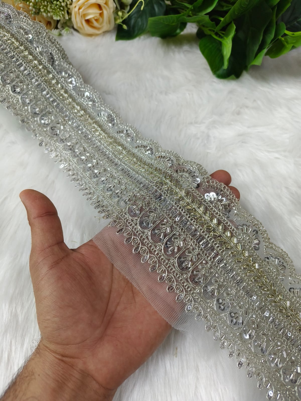 New Cutdana Maggam Work Lace Parl – Premium Quality, Intricate Embellishments for Sarees, Lehengas, Bridal Couture, and Luxury Home Decor - Silver