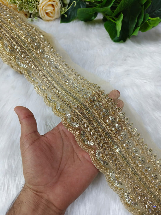 New Cutdana Maggam Work Lace Parl – Premium Quality, Intricate Embellishments for Sarees, Lehengas, Bridal Couture, and Luxury Home Decor - Gold