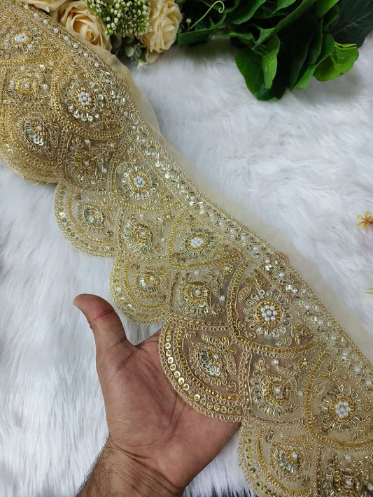 New Cutdana Maggam Work Lace Parl – Premium Quality, Intricate Embellishments for Sarees, Lehengas, Bridal Couture, and Luxury Home Decor - Gold