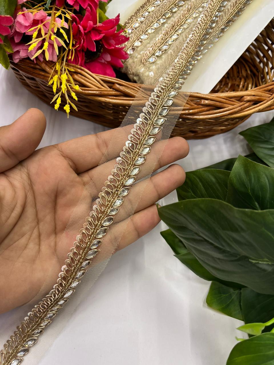 Handcrafted Zardozi Lace with Stones – Premium Handmade Designer Lace