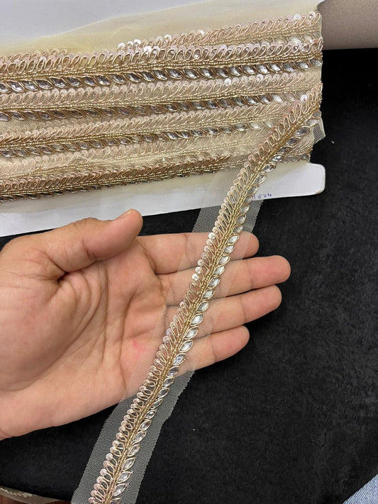 Handcrafted Zardozi Lace with Stones – Premium Handmade Designer Lace