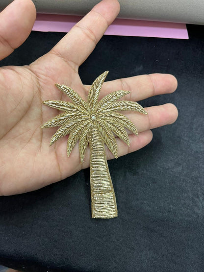 Handcrafted Zardozi Work Coconut Tree Shape Patch – Premium Designer Embellishment | Antique