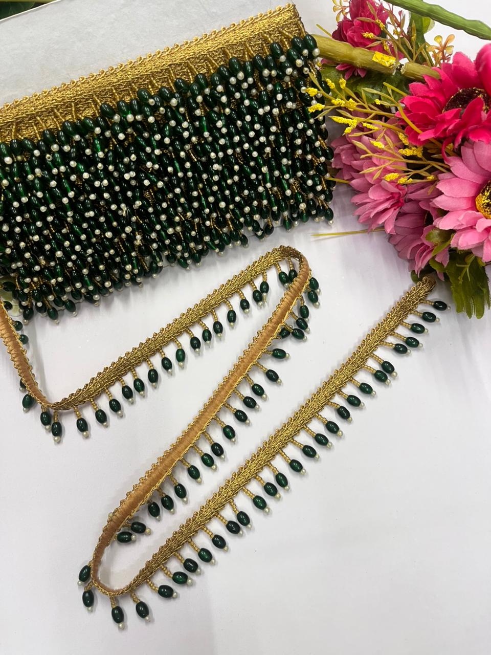 Beautiful Crystal Hanging Lace for Blouses & Dupattas – Premium Designer Latkan Lace | Green