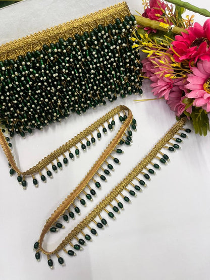 Beautiful Crystal Hanging Lace for Blouses & Dupattas – Premium Designer Latkan Lace | Green