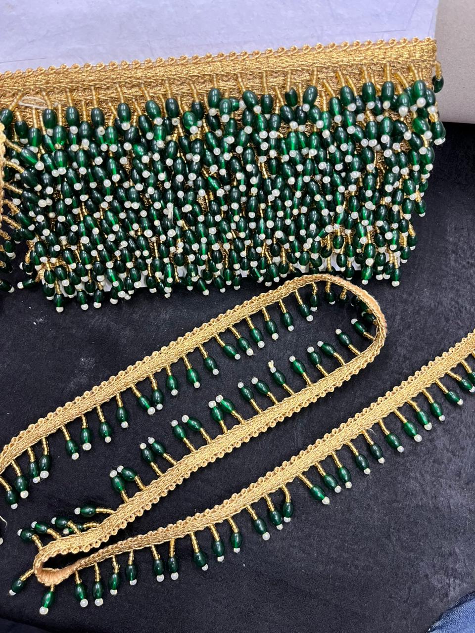 Beautiful Crystal Hanging Lace for Blouses & Dupattas – Premium Designer Latkan Lace | Green