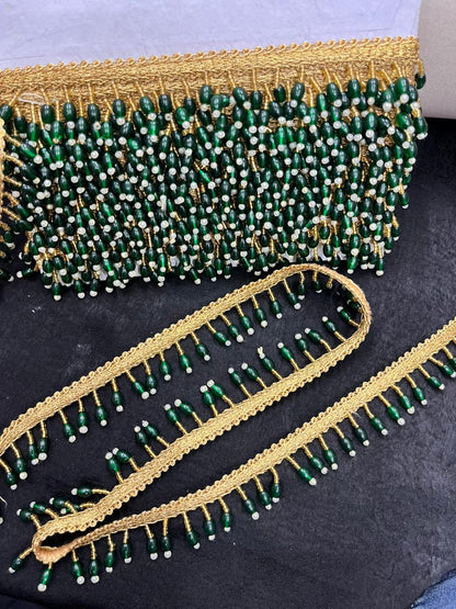 Beautiful Crystal Hanging Lace for Blouses & Dupattas – Premium Designer Latkan Lace | Green