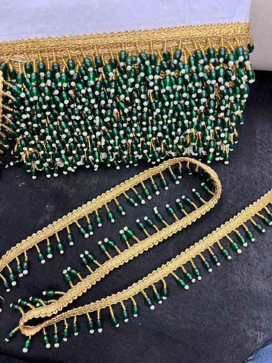 Beautiful Crystal Hanging Lace for Blouses & Dupattas – Premium Designer Latkan Lace | Green