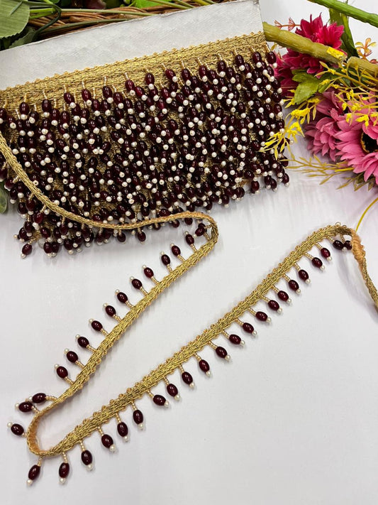 Beautiful Crystal Hanging Lace for Blouses & Dupattas – Premium Designer Latkan Lace | Maroon