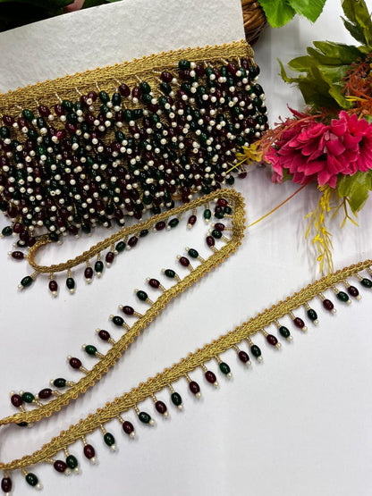 Beautiful Crystal Hanging Lace for Blouses & Dupattas – Premium Designer Latkan Lace | Maroon Green