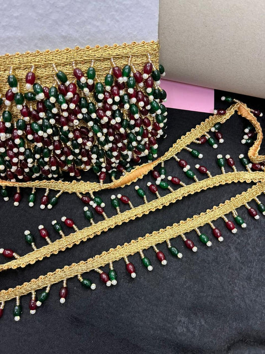 Beautiful Crystal Hanging Lace for Blouses & Dupattas – Premium Designer Latkan Lace | Maroon Green