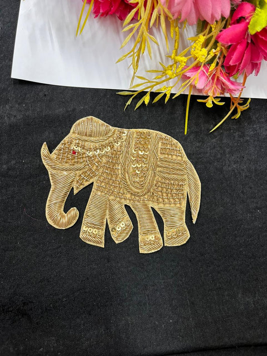Handmade Zardozi Elephant Patch Applique for Sarees, Blouses & Dresses – Designer Embroidered Animal Motif Patch | Gold