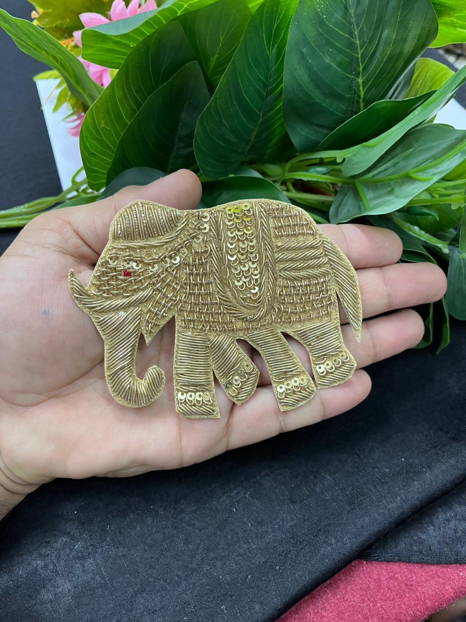 Handmade Zardozi Elephant Patch Applique for Sarees, Blouses & Dresses – Designer Embroidered Animal Motif Patch | Gold