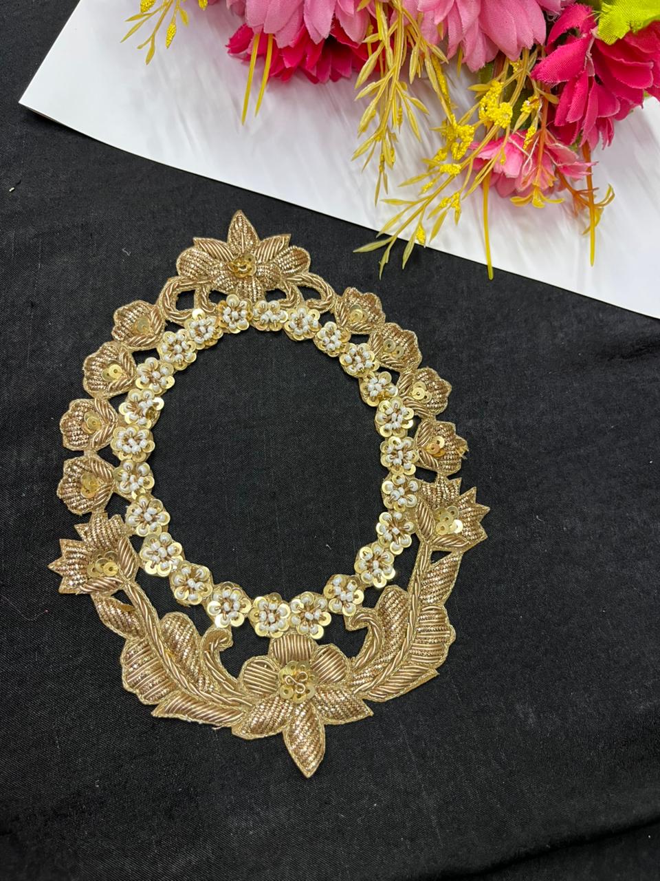 Beautiful Designer Zardozi Work Patch for Blouse & Dresses – Handcrafted Embroidered Applique Patch | Gold