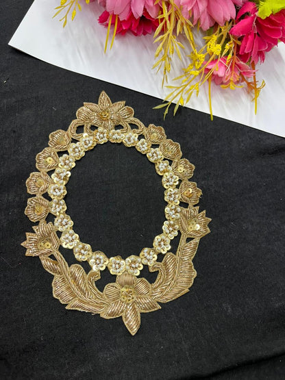 Beautiful Designer Zardozi Work Patch for Blouse & Dresses – Handcrafted Embroidered Applique Patch | Gold