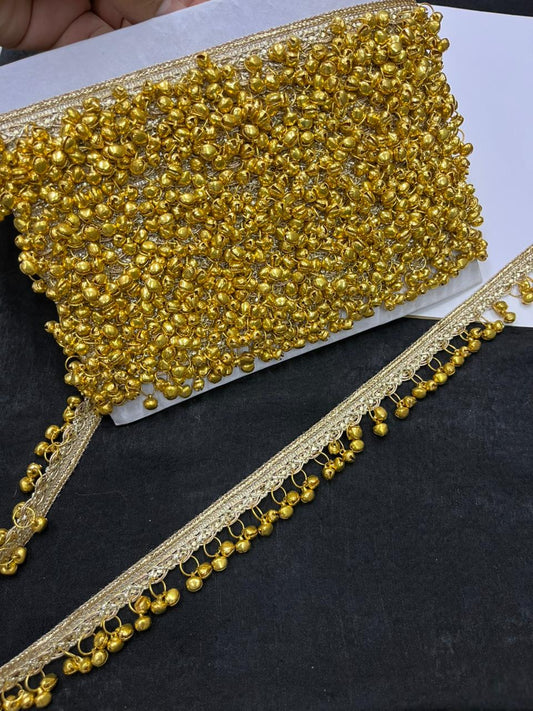 Exclusive Gold Ghoonghru Lace for Sarees, Blouses & Lehengas – Designer Latkan Lace Border with Bells (1 Inch) | Gold