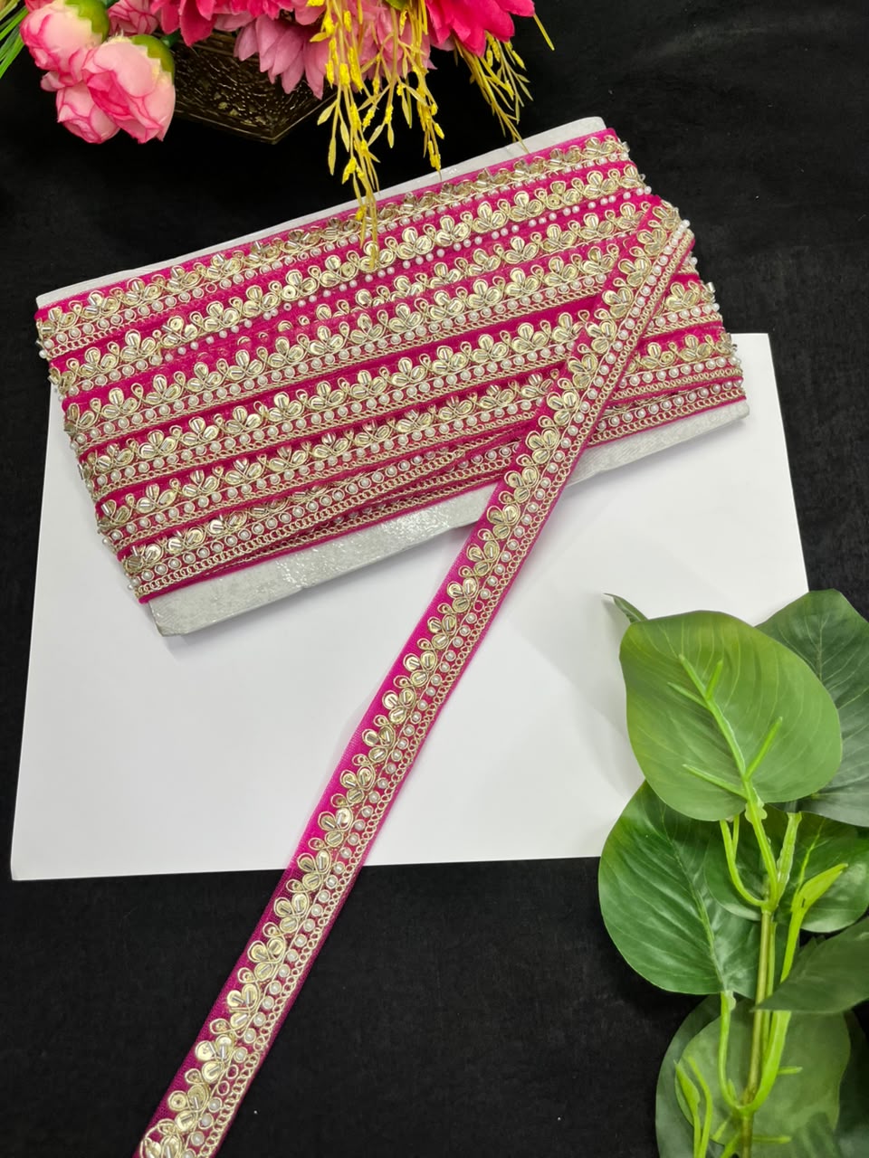 Maggam Work Lace on Net Fabric for Sarees, Lehengas & Dupattas – Designer Embroidered Ethnic Lace Border (1 Inch) | Rani Pink