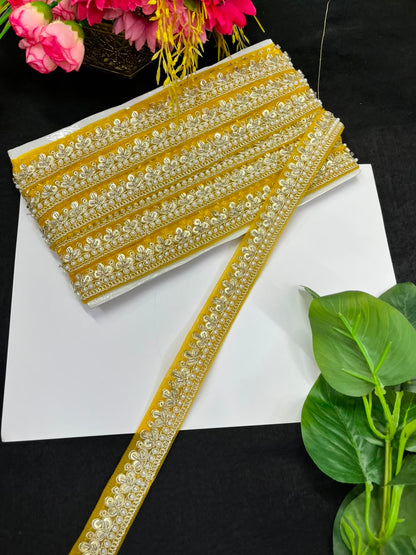Maggam Work Lace on Net Fabric for Sarees, Lehengas & Dupattas – Designer Embroidered Ethnic Lace Border (1 Inch) | Yellow