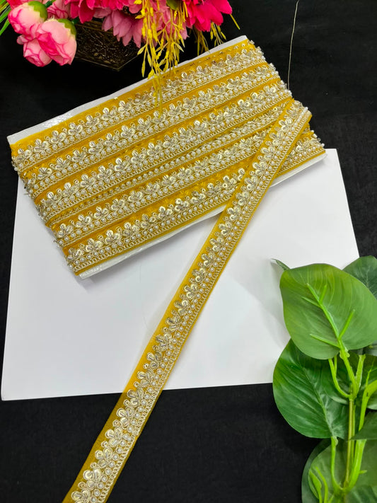 Maggam Work Lace on Net Fabric for Sarees, Lehengas & Dupattas – Designer Embroidered Ethnic Lace Border (1 Inch) | Yellow