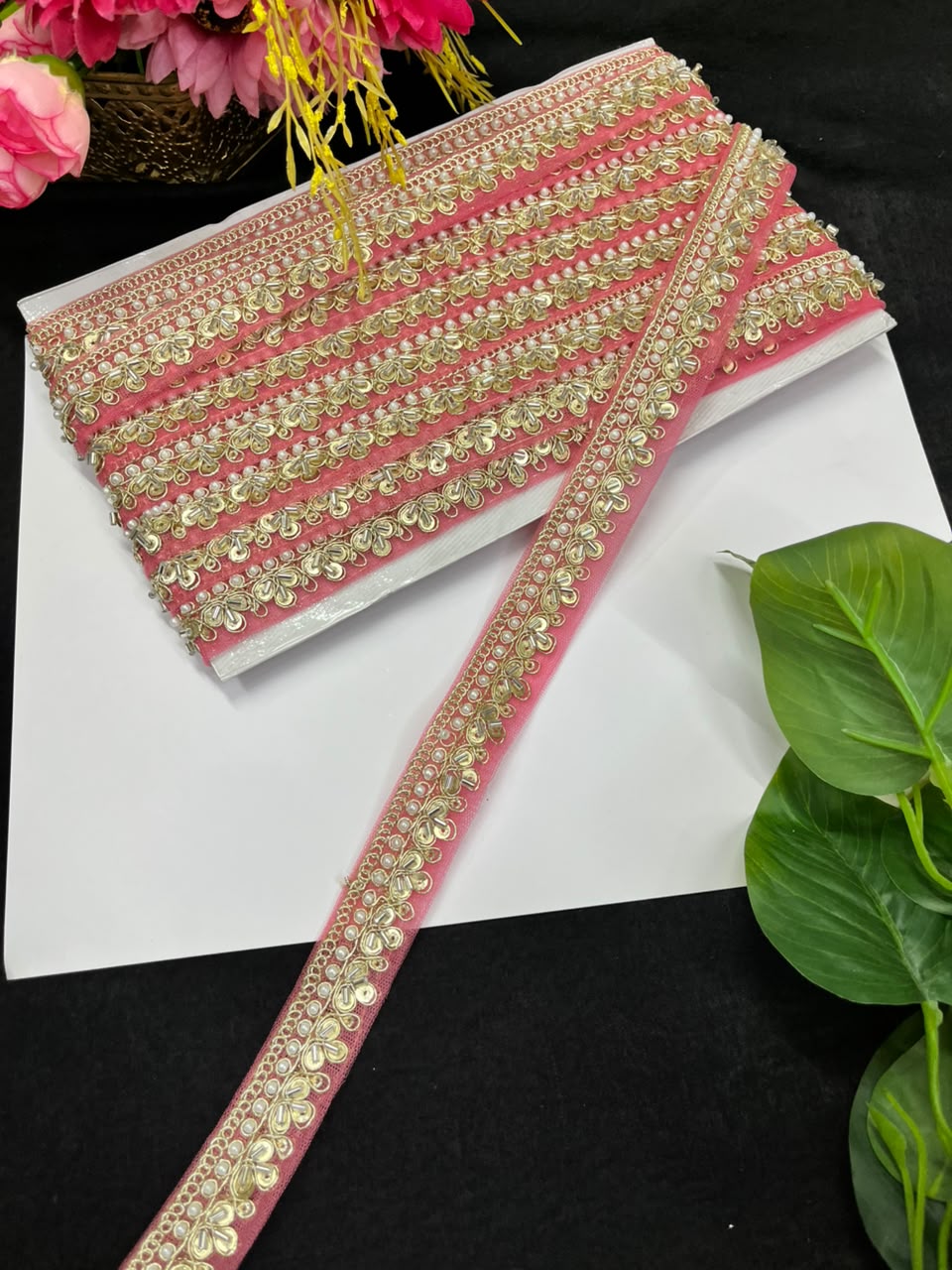 Maggam Work Lace on Net Fabric for Sarees, Lehengas & Dupattas – Designer Embroidered Ethnic Lace Border (1 Inch) | Peach