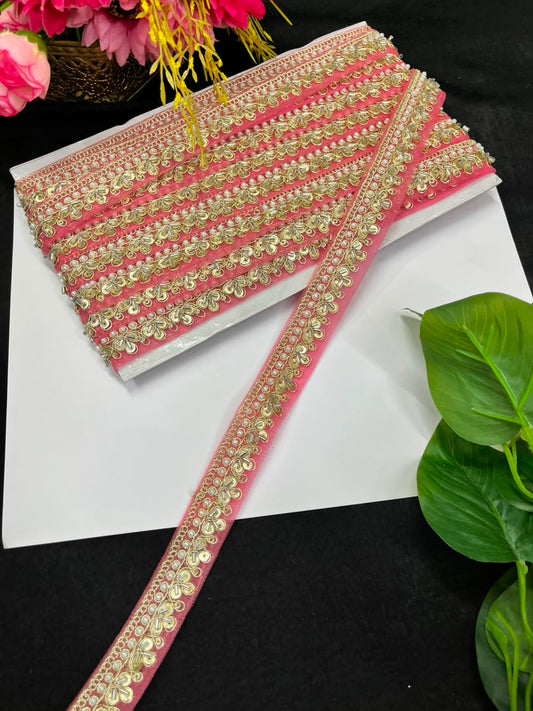 Maggam Work Lace on Net Fabric for Sarees, Lehengas & Dupattas – Designer Embroidered Ethnic Lace Border (1 Inch) | Peach