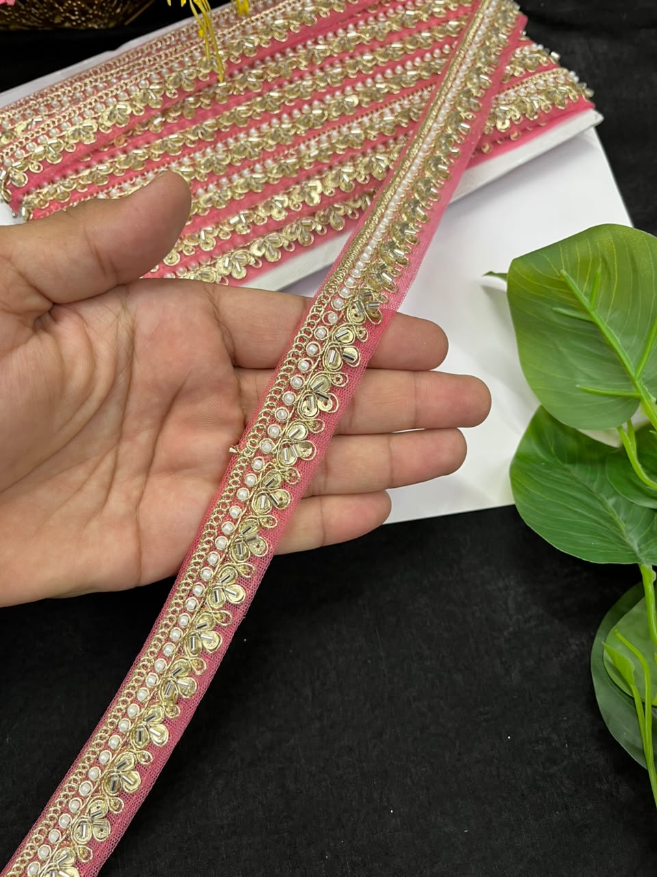 Maggam Work Lace on Net Fabric for Sarees, Lehengas & Dupattas – Designer Embroidered Ethnic Lace Border (1 Inch) | Peach