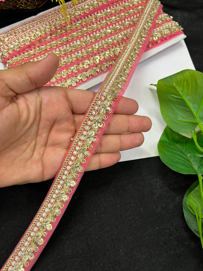 Maggam Work Lace on Net Fabric for Sarees, Lehengas & Dupattas – Designer Embroidered Ethnic Lace Border (1 Inch) | Peach