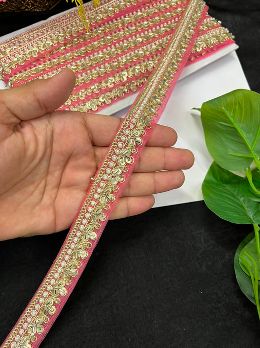 Maggam Work Lace on Net Fabric for Sarees, Lehengas & Dupattas – Designer Embroidered Ethnic Lace Border (1 Inch) | Peach
