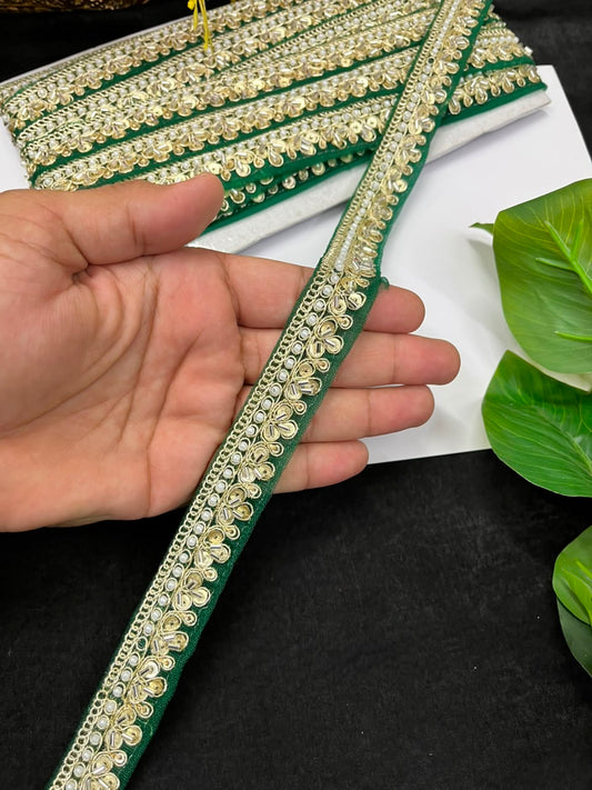 Maggam Work Lace on Net Fabric for Sarees, Lehengas & Dupattas – Designer Embroidered Ethnic Lace Border (1 Inch) | Green