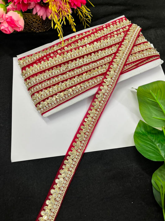 Maggam Work Lace on Net Fabric for Sarees, Lehengas & Dupattas – Designer Embroidered Ethnic Lace Border (1 Inch) | Maroon