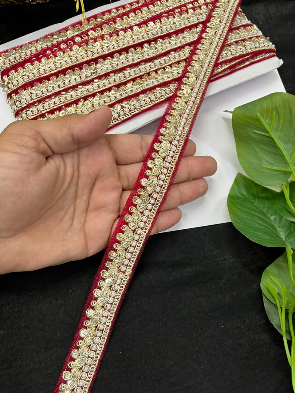 Maggam Work Lace on Net Fabric for Sarees, Lehengas & Dupattas – Designer Embroidered Ethnic Lace Border (1 Inch) | Maroon