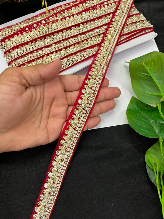 Maggam Work Lace on Net Fabric for Sarees, Lehengas & Dupattas – Designer Embroidered Ethnic Lace Border (1 Inch) | Maroon