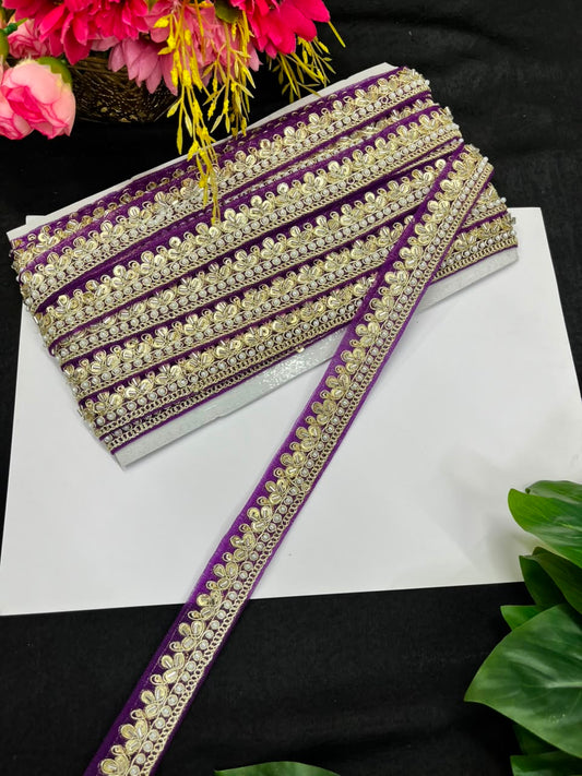 Maggam Work Lace on Net Fabric for Sarees, Lehengas & Dupattas – Designer Embroidered Ethnic Lace Border (1 Inch) | Purple