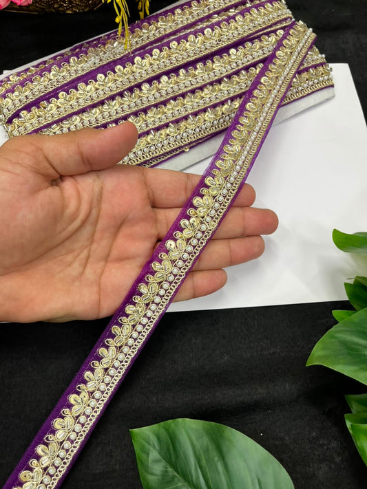Maggam Work Lace on Net Fabric for Sarees, Lehengas & Dupattas – Designer Embroidered Ethnic Lace Border (1 Inch) | Purple