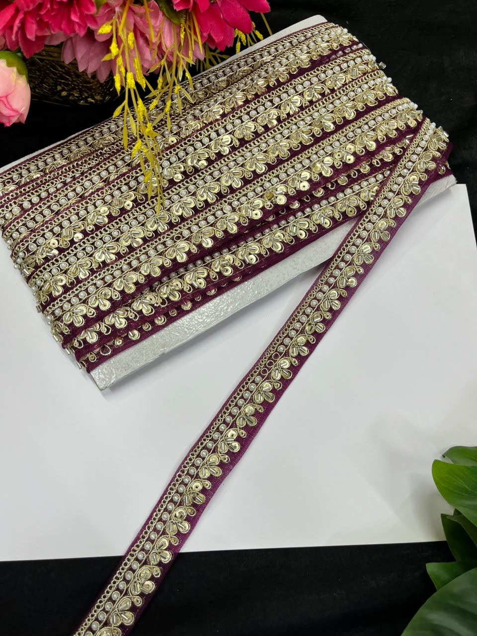 Maggam Work Lace on Net Fabric for Sarees, Lehengas & Dupattas – Designer Embroidered Ethnic Lace Border (1 Inch) | Wine