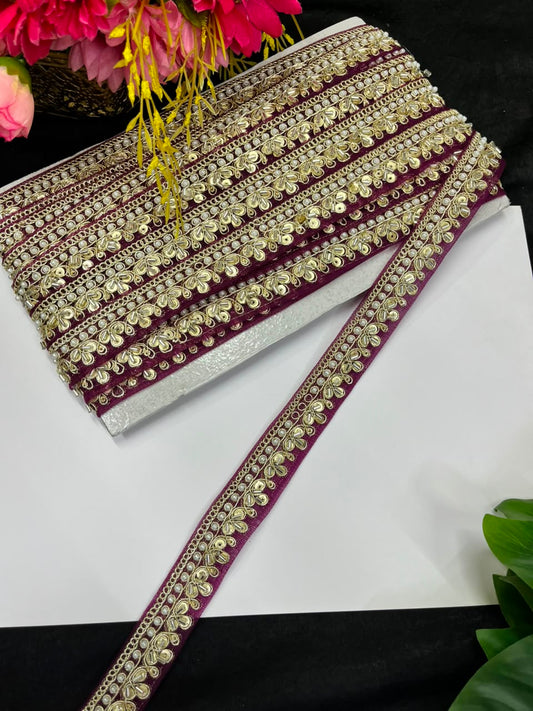 Maggam Work Lace on Net Fabric for Sarees, Lehengas & Dupattas – Designer Embroidered Ethnic Lace Border (1 Inch) | Wine