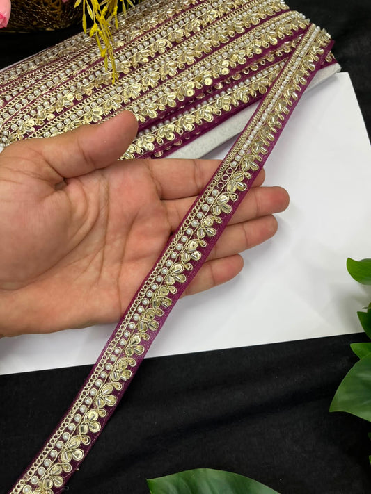 Maggam Work Lace on Net Fabric for Sarees, Lehengas & Dupattas – Designer Embroidered Ethnic Lace Border (1 Inch) | Wine