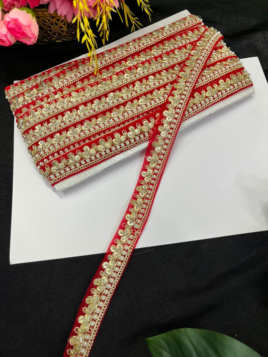 Maggam Work Lace on Net Fabric for Sarees, Lehengas & Dupattas – Designer Embroidered Ethnic Lace Border (1 Inch) | Red