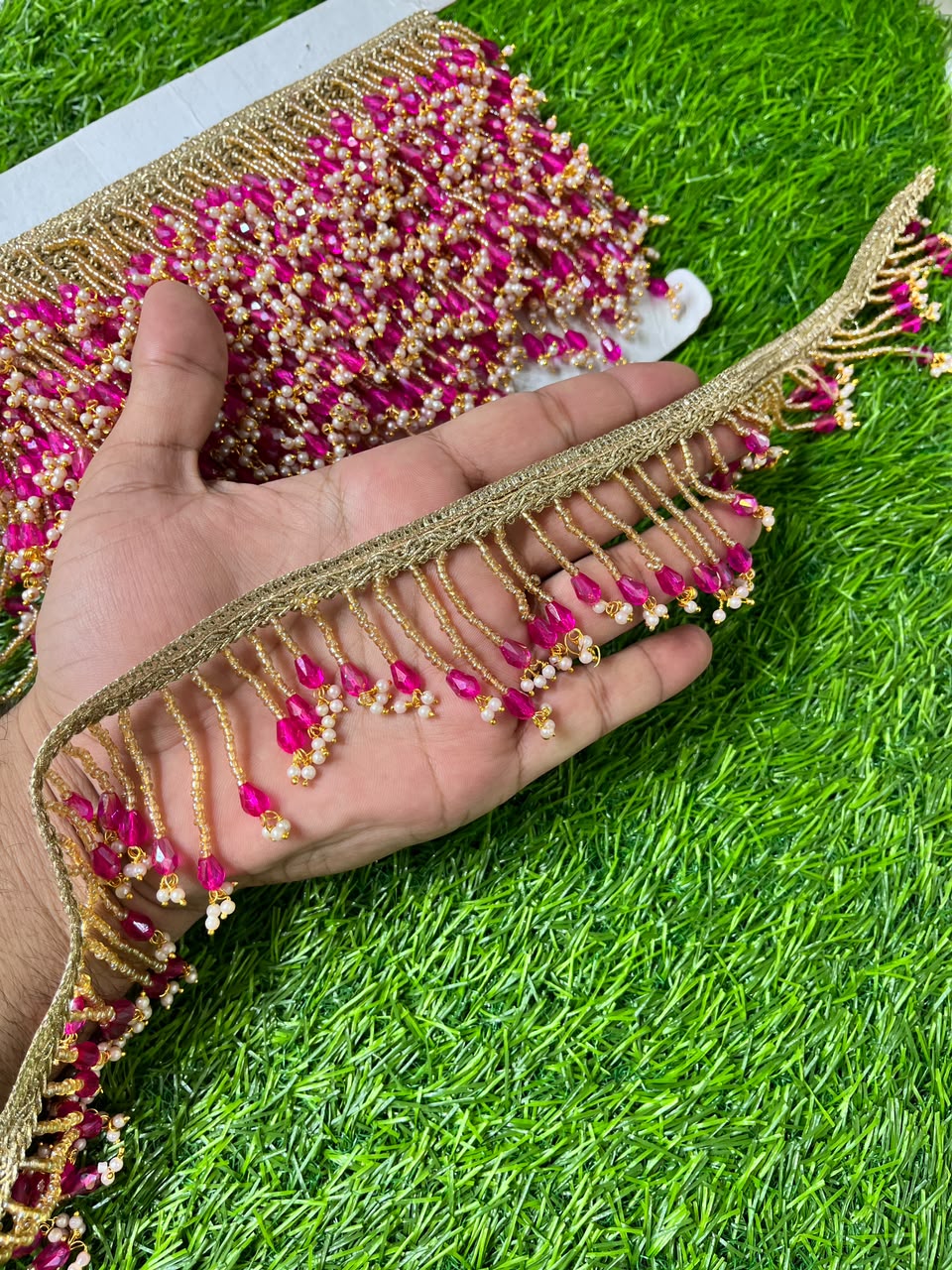 Handmade Crystal Hanging Lace for Sarees, Lehengas & Dupattas – Designer Decorative Latkan Lace Border (2.5 Inch) | DC0978 | Rani Pink
