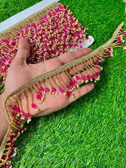 Handmade Crystal Hanging Lace for Sarees, Lehengas & Dupattas – Designer Decorative Latkan Lace Border (2.5 Inch) | DC0978 | Rani Pink