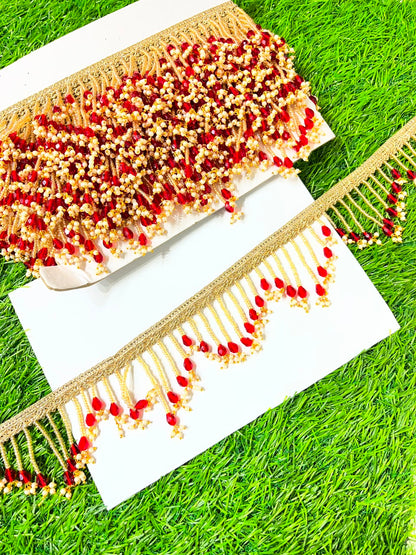 Handmade Crystal Hanging Lace for Sarees, Lehengas & Dupattas – Designer Decorative Latkan Lace Border (2.5 Inch) | DC0978 | Red