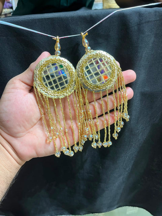 Designer Mirror Work Latkans for Blouses & Lehengas – Decorative Mirror Tassels for Ethnic Wear (6 Inch) | DC0979 | Gold