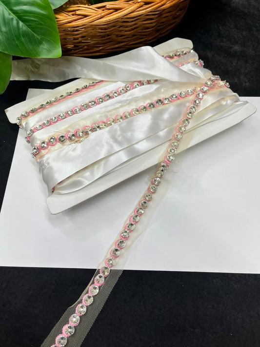 Designer Diamond Crystal Lace for Sarees, Lehengas, Dupattas & Blouses – Premium Handmade Decorative Lace Border (Half Inch) | DC1008 | Baby Pink