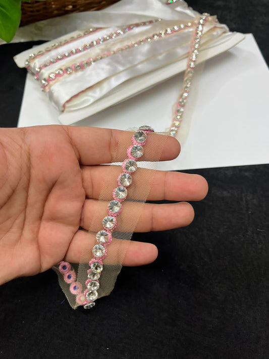 Designer Diamond Crystal Lace for Sarees, Lehengas, Dupattas & Blouses – Premium Handmade Decorative Lace Border (Half Inch) | DC1008 | Baby Pink